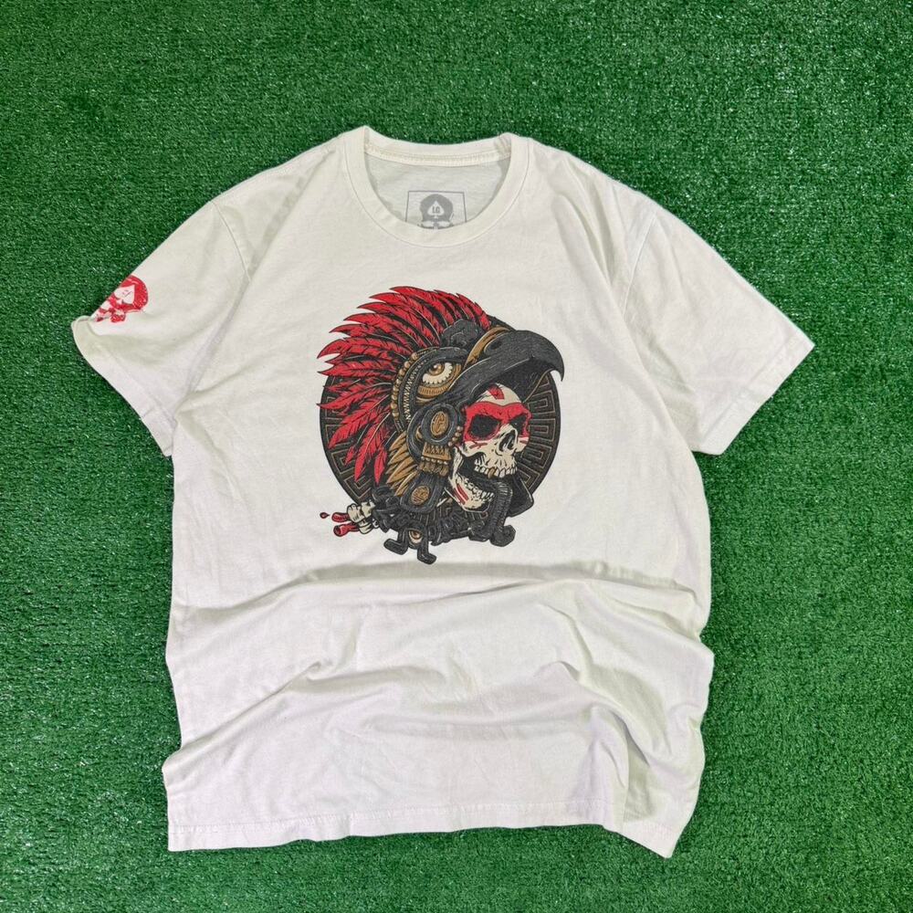 Y2K White Aztec skull T-shirt with red accents  zero foxtrot size L